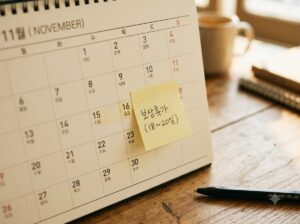 보상휴가 날짜를 메모해둔 탁상 달력과 펜