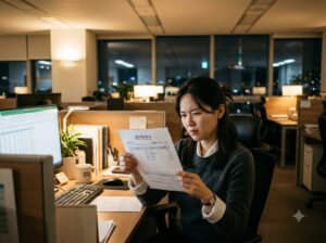 급여명세서를 들여다보며 갸웃하는 한국 직장인