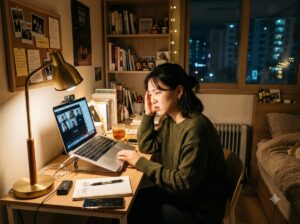 단톡방 응원 부담을 느끼는 임용고시 준비생, 화상면접 연습 장면