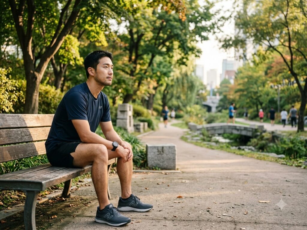 러닝크루 모임 후 벤치에 앉아 생각에 잠긴 30대 남성