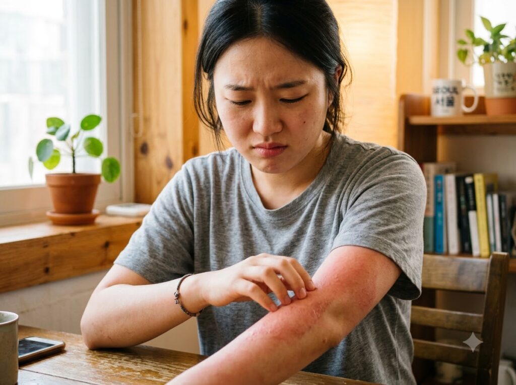 햇볕 화상 물집이 생긴 팔을 조심스럽게 살펴보는 모습